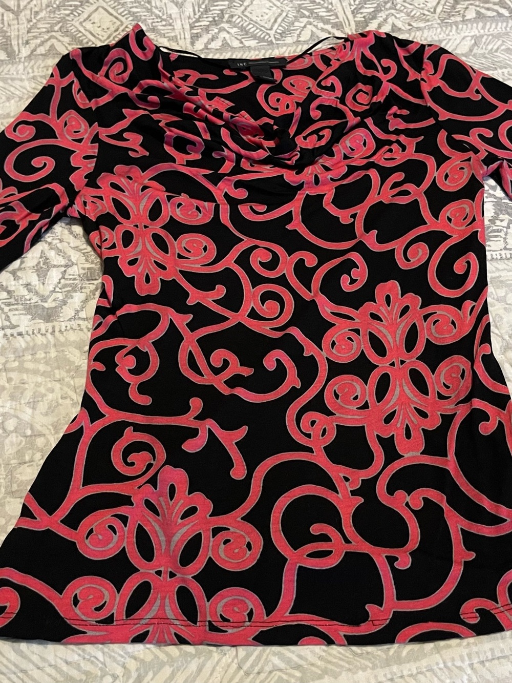 INC International Concepts Black Top with Pink Scroll Pattern